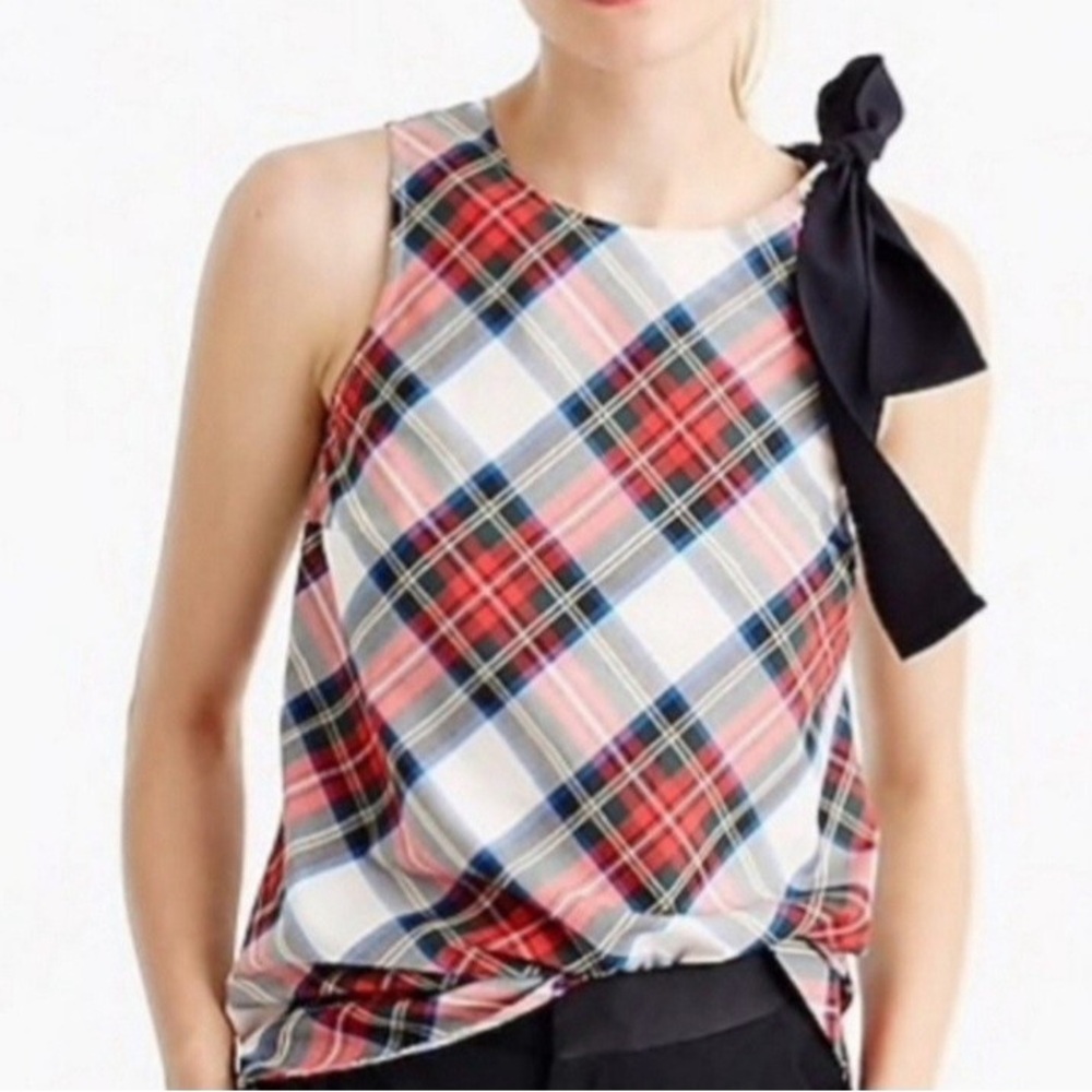 NWT J. Crew Red Plaid Sleeveless Blouse with Black Bow